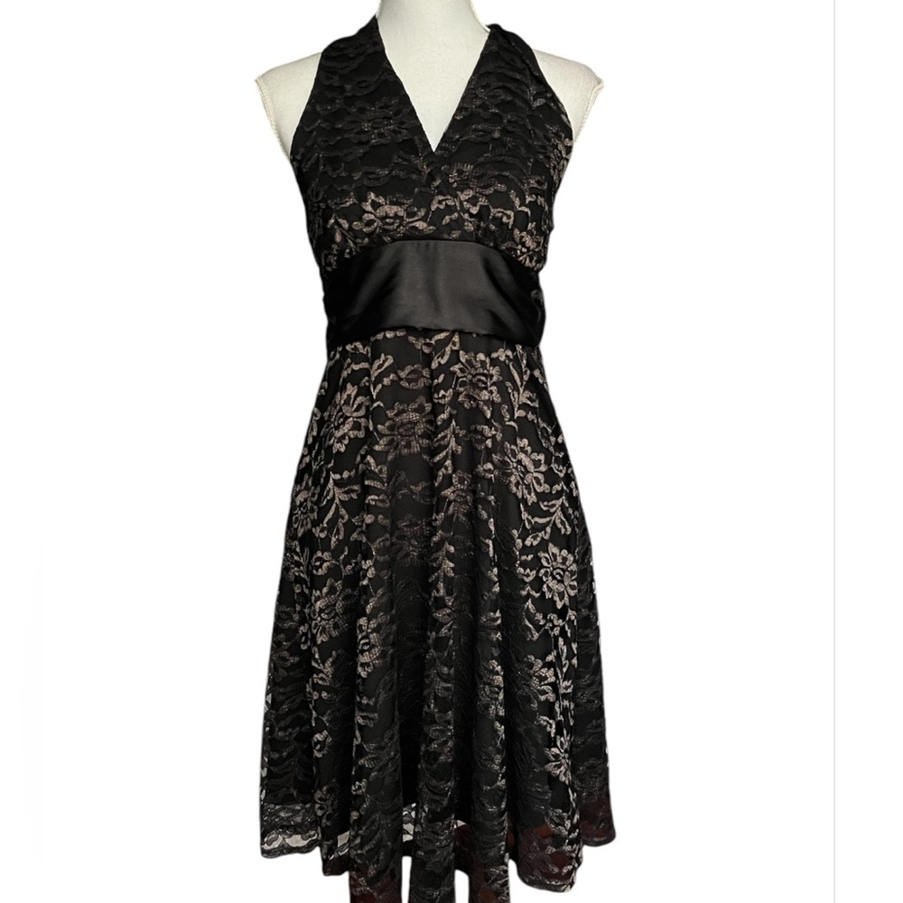 Vintage 90s Y2K Black Lace Halter Dress Satin Tie Empire Waist Fairy Goth Party
